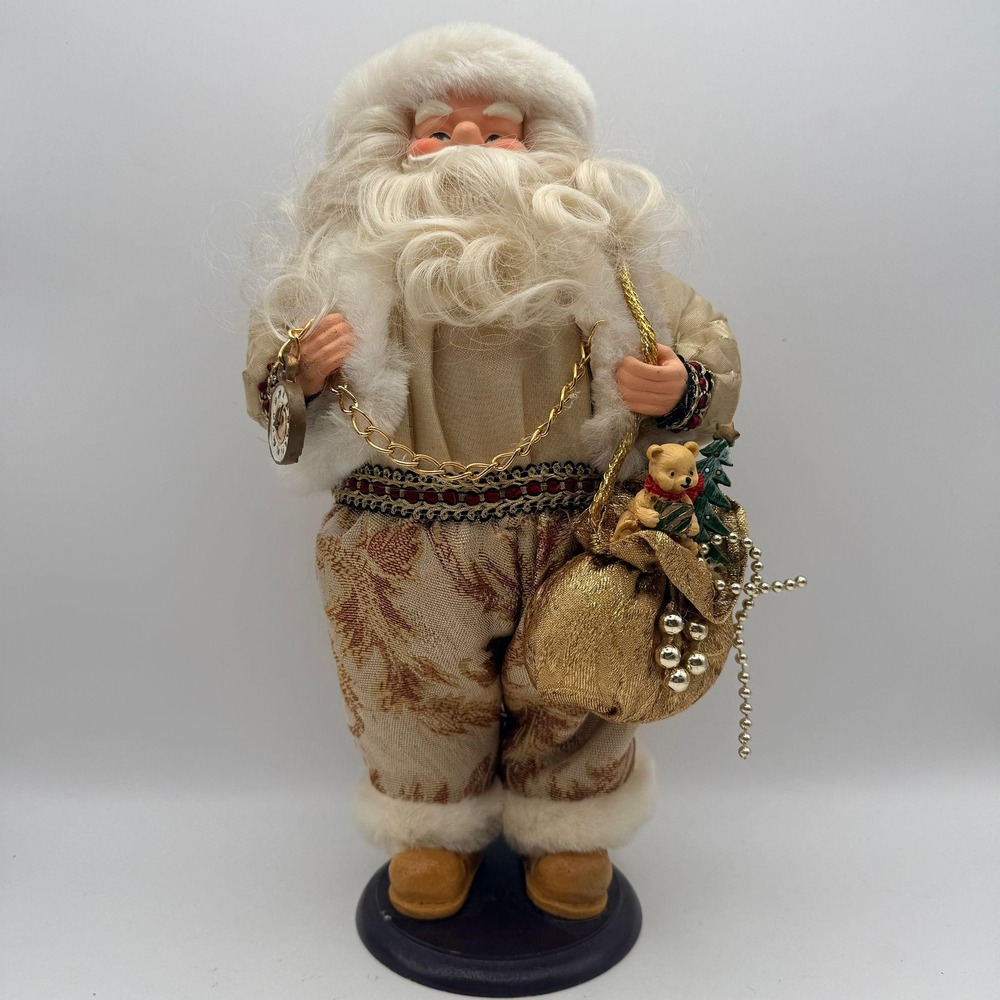Vintage Style Santa Claus Figurine Gold Champagne Brocade Faux Fur Holiday Decor